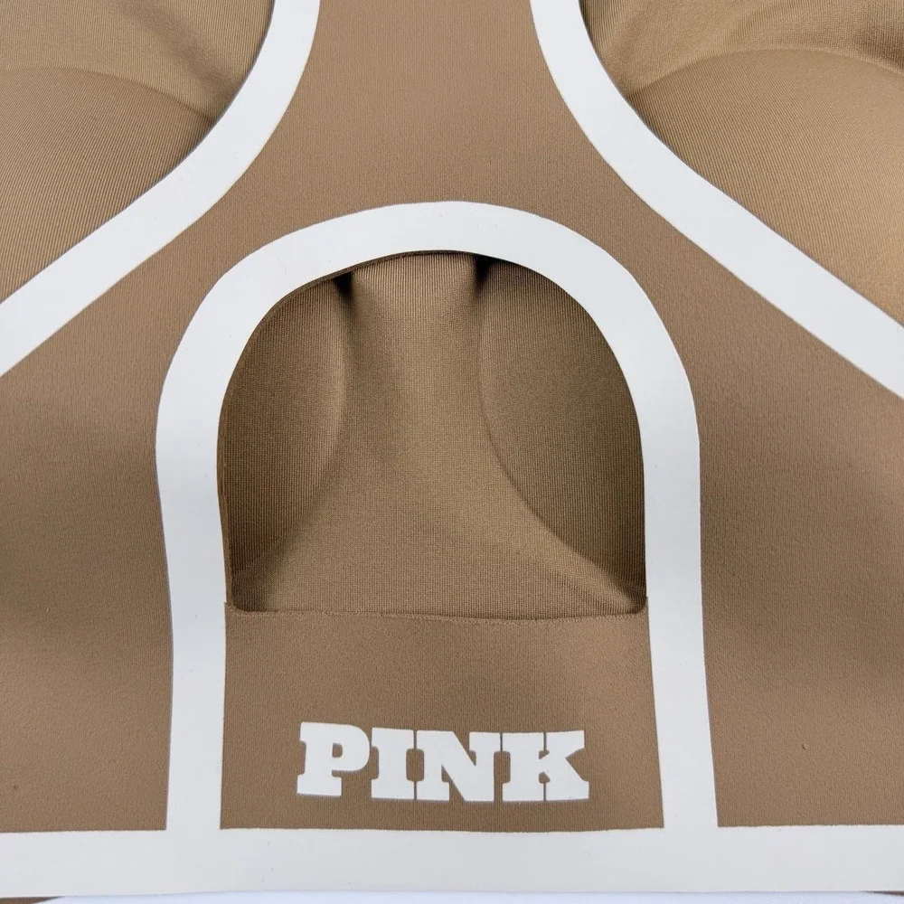 Victoria's Secret PINK Relay High Neck Racerback Sports Bra Tan Logo L NWT